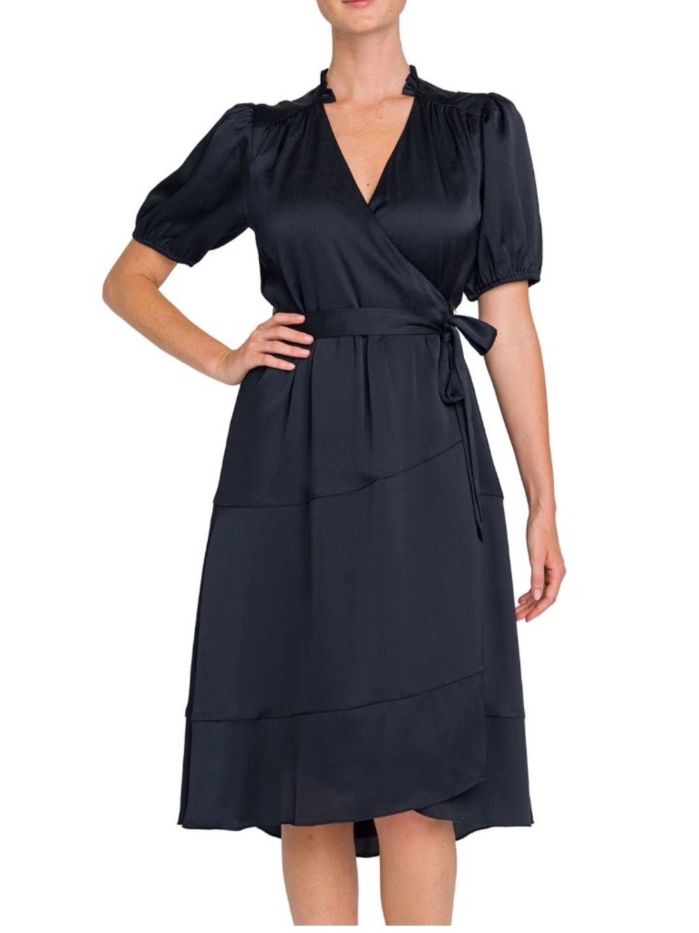 Draper James Navy Wrap Midi Dress with Puff Sleeves